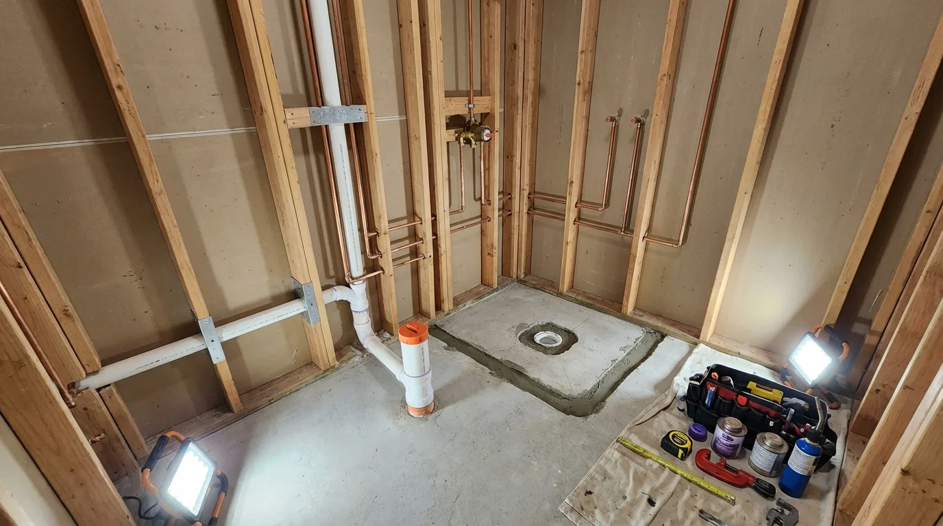 Bathroom rough-in plumbing during remodel by Johns Plumbing LLC in Moss Beach
