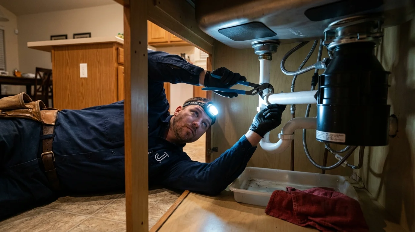 P-trap and supply line connections under a kitchen sink showing a common leak point in Moss Beach, CA